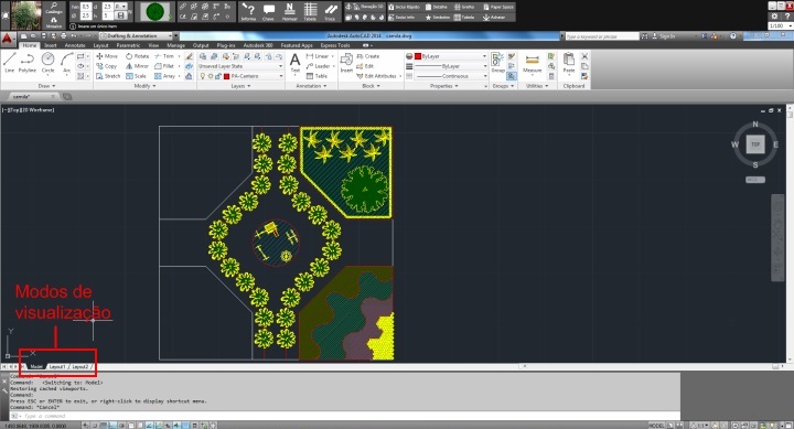 Figura 1:Modos de visualização do projeto no AutoCAD e no AutoLANDSCAPE 2016