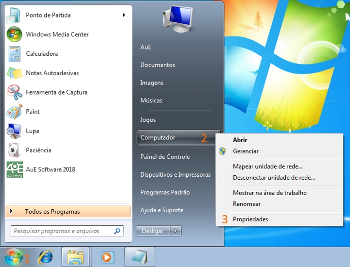 Clique no botão Iniciar, clique com o botão direito do mouse em Computador e clique em Propriedades Clique no botão Iniciar, clique com o botão direito do mouse em Computador e clique em Propriedades