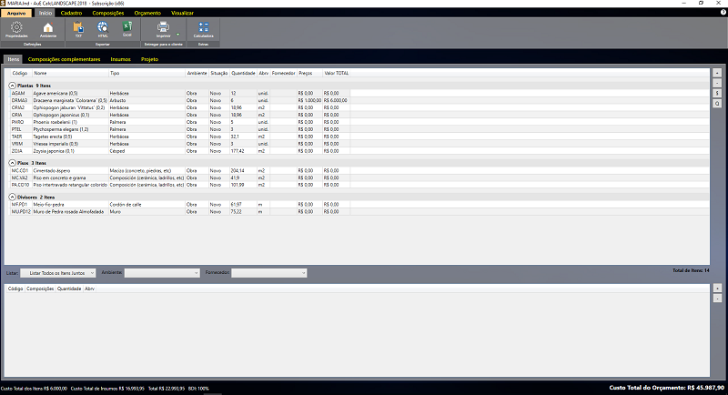 Orçamento com o CalcLANDSCAPE 2018