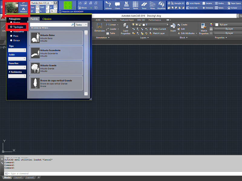 Selecionando tipologias no AutoLANDSCAPE