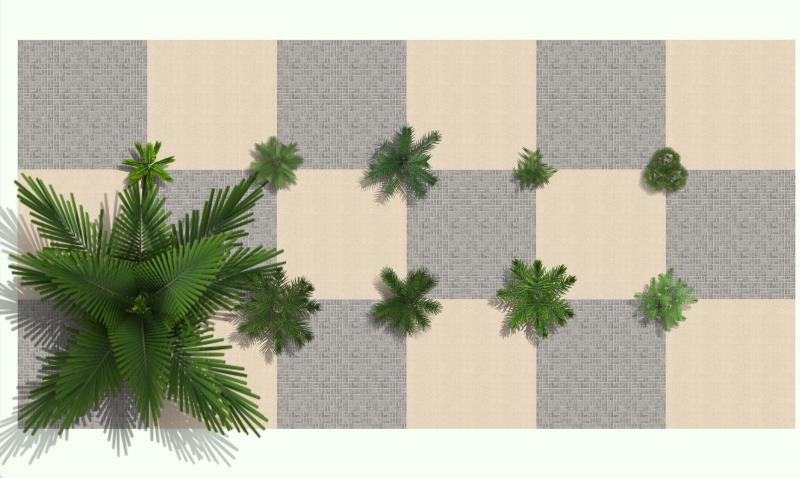 Imagem gerada no VisualPLAN, humanizada das palmeiras adultas e jovens.