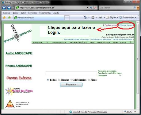 Paisagismo Digital - Tela inicial do site, indicação do link para efetuar o login Paisagismo Digital - Tela inicial do site, indicação do link para efetuar o login