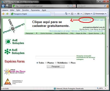 Paisagismo Digital - Tela inicial do site, indicação do link para se cadastrar gratuitamente Paisagismo Digital - Tela inicial do site, indicação do link para se cadastrar gratuitamente