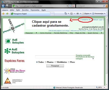 Paisagismo Digital - Tela inicial do site, indicação do link para se cadastrar gratuitamente
