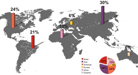 Distribuição geográfica da origem das plantas contidas no banco de dados da AuE Soluções