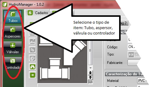 Selecione o tipo de item de irrigação, tubo, aspersor, válvula ou controlador