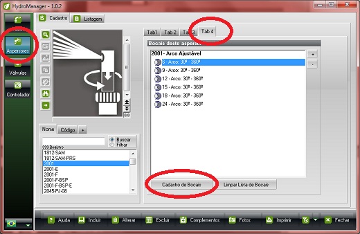 Cadastro de bocais no HydroLANDSCAPE