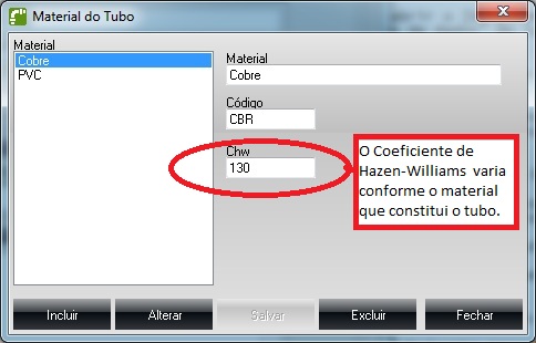 Caixa de cadastro de material do tubo, destacando a indicação do chw, coeficiente de Hazen-Williams